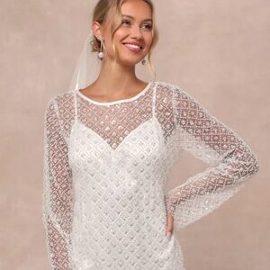 Lulus Glowing Charisma White Sequin Pearl Mesh Long Sleeve Mini Dress